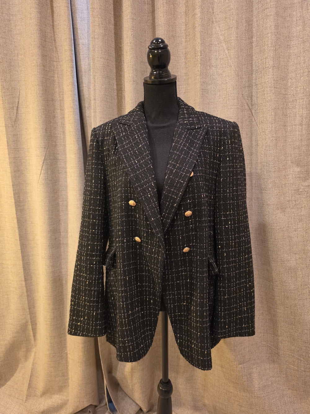 Ina Black Tweed Windowpane Double-Breasted Blazer with Gold Buttons